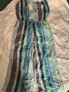 Elan Women's Strapless Cropped Jumpsuit in Blue & Green size Large
